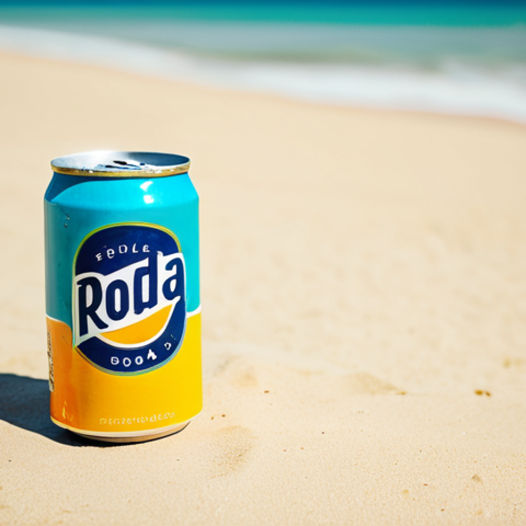**

A vibrant, eye-level shot of a retro-themed soda can design, featuring a modernized vintage logo. The can is placed on a sun-drenched, pastel-colored beach in Portugal (consider a specific beach like Praia da Rocha for added realism). In the background, blurred figures enjoy the summer atmosphere. The overall aesthetic should evoke nostalgia with a touch of contemporary design. Keywords: "newtro", vintage soda, Portuguese beach, summer vibes, vibrant colors, graphic design, safe for work, appropriate content, fully clothed, professional, modest.

**