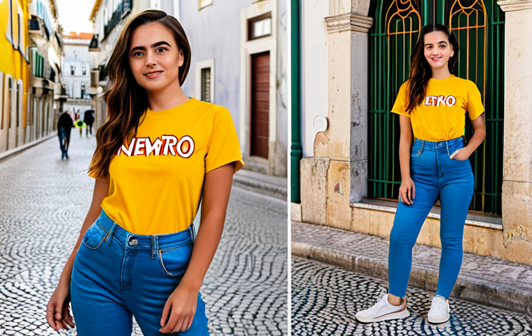 Newtro Fashion in Lisbon**

"A stylish young woman in Lisbon, Portugal, standing in front of a colorful tiled building wearing a 'newtro' outfit: high-waisted jeans, a vintage band t-shirt (fully clothed), and modern sneakers. The scene captures the vibrant street style of Lisbon with classic Portuguese architecture in the background.  She wears modest clothing and the content is appropriate. Focus on perfect anatomy, correct proportions, and a natural pose. Professional photography, high quality, safe for work, family-friendly."

**