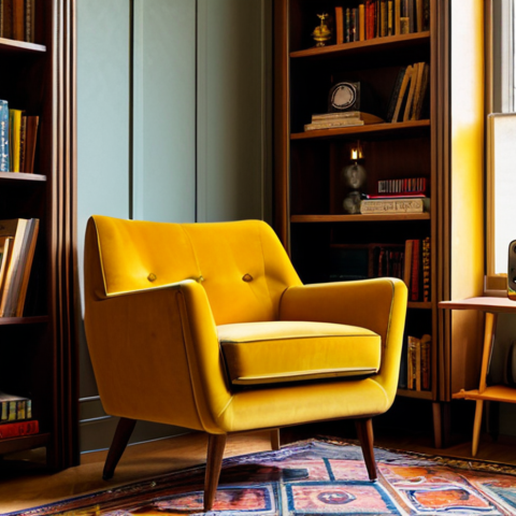 Newtro Living Room Corner**

"A cozy living room corner showcasing the newtro style: mustard yellow velvet armchair, a mid-century modern side table with a vintage lamp, a geometric patterned rug, and a bookshelf filled with colorful books and a retro radio. Walls are a warm beige. The scene is lit with a warm, inviting glow. safe for work, appropriate content, fully clothed, professional photography, perfect anatomy, natural proportions, modest decor, family-friendly."

**