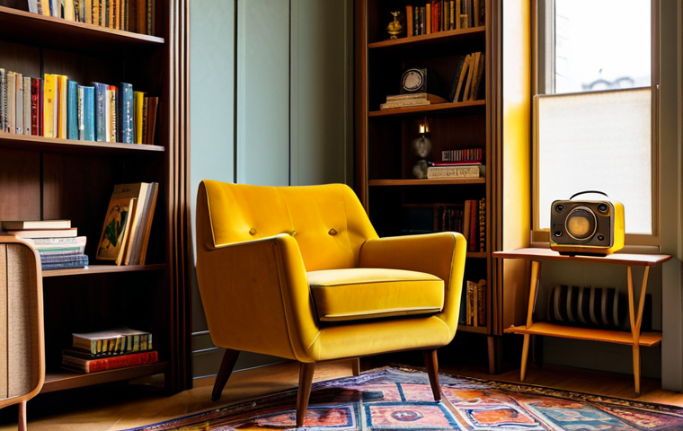 Newtro Living Room Corner**

"A cozy living room corner showcasing the newtro style: mustard yellow velvet armchair, a mid-century modern side table with a vintage lamp, a geometric patterned rug, and a bookshelf filled with colorful books and a retro radio. Walls are a warm beige. The scene is lit with a warm, inviting glow. safe for work, appropriate content, fully clothed, professional photography, perfect anatomy, natural proportions, modest decor, family-friendly."

**