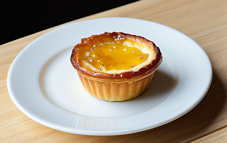 뉴트로 디자인과 지역 문화의 통합 - Reinvented Pastel de Nata**

"A close-up shot of a beautifully plated Pastel de Nata with a sprinkle...