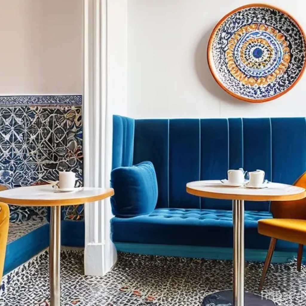 뉴트로 디자인의 비즈니스 모델 - **Newtro Café in Alfama, Lisbon:** A warm and inviting cafe interior in Lisbon's historic Alfama dis...