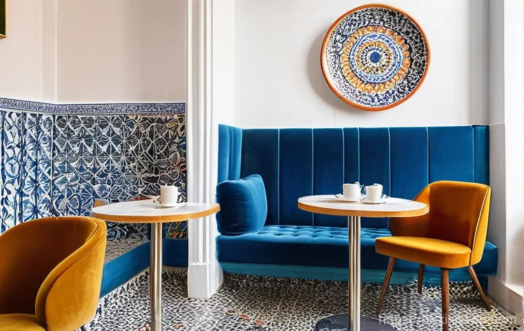 뉴트로 디자인의 비즈니스 모델 - **Newtro Café in Alfama, Lisbon:** A warm and inviting cafe interior in Lisbon's historic Alfama dis...