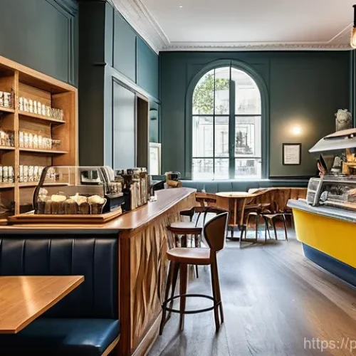 Home 29 뉴트로 디자인의 문화 상품화 - **"A vibrant Newtro café interior in Lisbon.** The scene captures a cozy yet bustling atmosphere. Su...