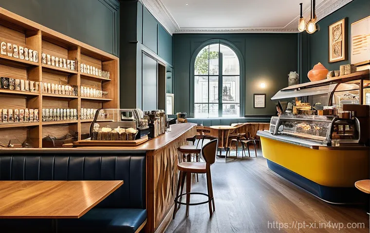 뉴트로 디자인의 문화 상품화 - **"A vibrant Newtro café interior in Lisbon.** The scene captures a cozy yet bustling atmosphere. Su...