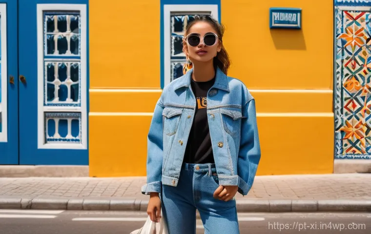 뉴트로 디자인의 영향력을 다룬 연구 - A young adult (18-25 years old) confidently walking down a vibrant, sunlit urban street in Lisbon, P...