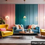 뉴트로 디자인의 미래 예측 - A cozy, stylish living room interior showcasing the newtro design trend: vintage wooden armchairs wi...