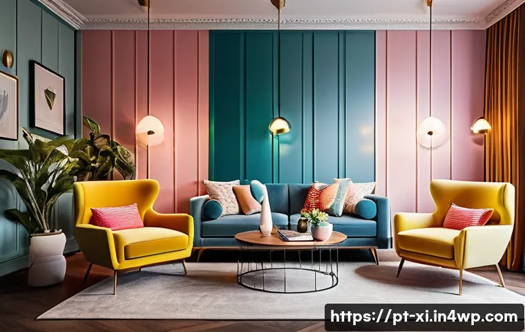 뉴트로 디자인의 미래 예측 - A cozy, stylish living room interior showcasing the newtro design trend: vintage wooden armchairs wi...