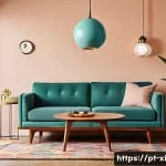 뉴트로 디자인을 활용한 공간 디자인 - A cozy living room blending vintage and modern styles, featuring a restored mid-century wooden sofa ...