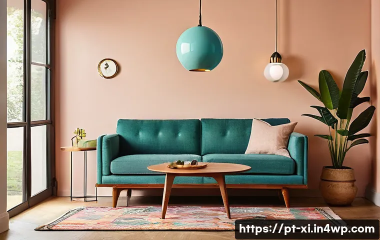 뉴트로 디자인을 활용한 공간 디자인 - A cozy living room blending vintage and modern styles, featuring a restored mid-century wooden sofa ...