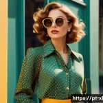 뉴트로 디자인의 적용 사례 분석 - A stylish young adult woman wearing high-waisted pants with psychedelic 1970s-inspired patterns, pai...