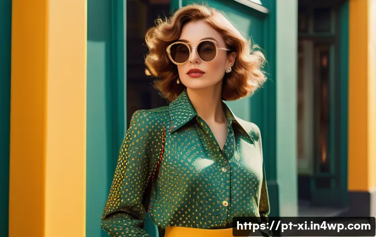 뉴트로 디자인의 적용 사례 분석 - A stylish young adult woman wearing high-waisted pants with psychedelic 1970s-inspired patterns, pai...