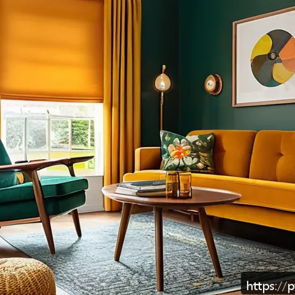 뉴트로 디자인을 위한 DIY 프로젝트 - A cozy retro living room scene featuring mid-century wooden furniture with natural and mustard yello...