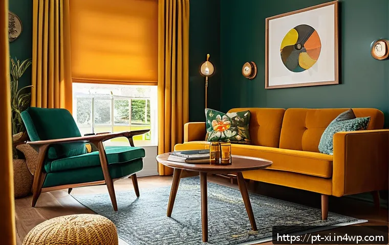 뉴트로 디자인을 위한 DIY 프로젝트 - A cozy retro living room scene featuring mid-century wooden furniture with natural and mustard yello...