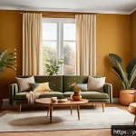 뉴트로 디자인을 위한 컬러 팔레트 생성하기 - A cozy retro living room scene featuring a warm vintage color palette of mustard yellow, olive green...