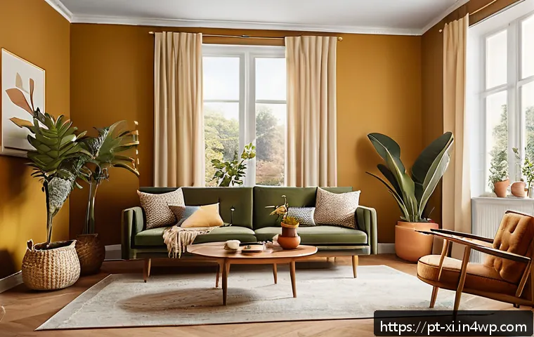 뉴트로 디자인을 위한 컬러 팔레트 생성하기 - A cozy retro living room scene featuring a warm vintage color palette of mustard yellow, olive green...