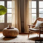 뉴트로 디자인과 자연 친화적인 요소 - A cozy living room featuring a vintage 1970s armchair restored with sustainable fabrics in earthy to...