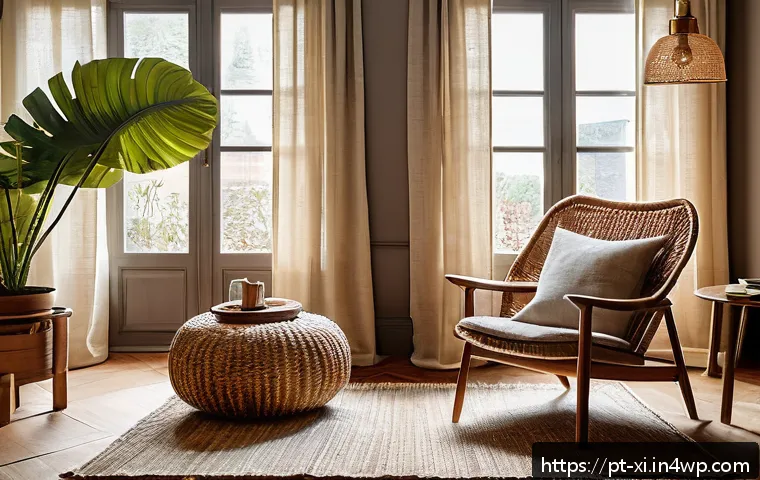 뉴트로 디자인과 자연 친화적인 요소 - A cozy living room featuring a vintage 1970s armchair restored with sustainable fabrics in earthy to...